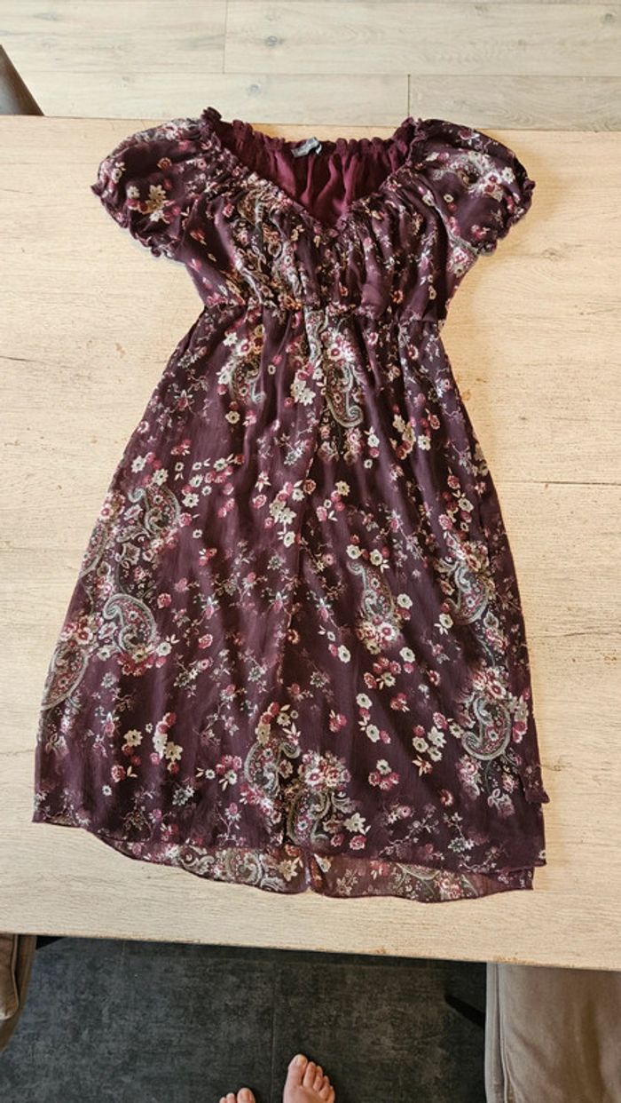 Robe d été en toile doublé mauve à manches courtes, Cassis, taille 38, neuve - photo numéro 2
