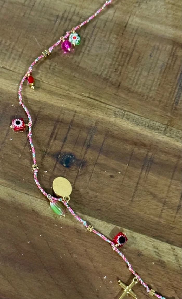 Collier sautoir habaha Paris cordon tressé pampilles perles cœur médaille vierge - photo numéro 3
