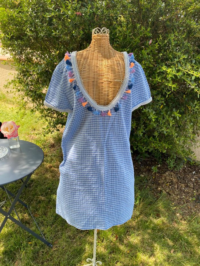 Robe été bleue et blanche à carreaux avec pompoms taille XS - photo numéro 2