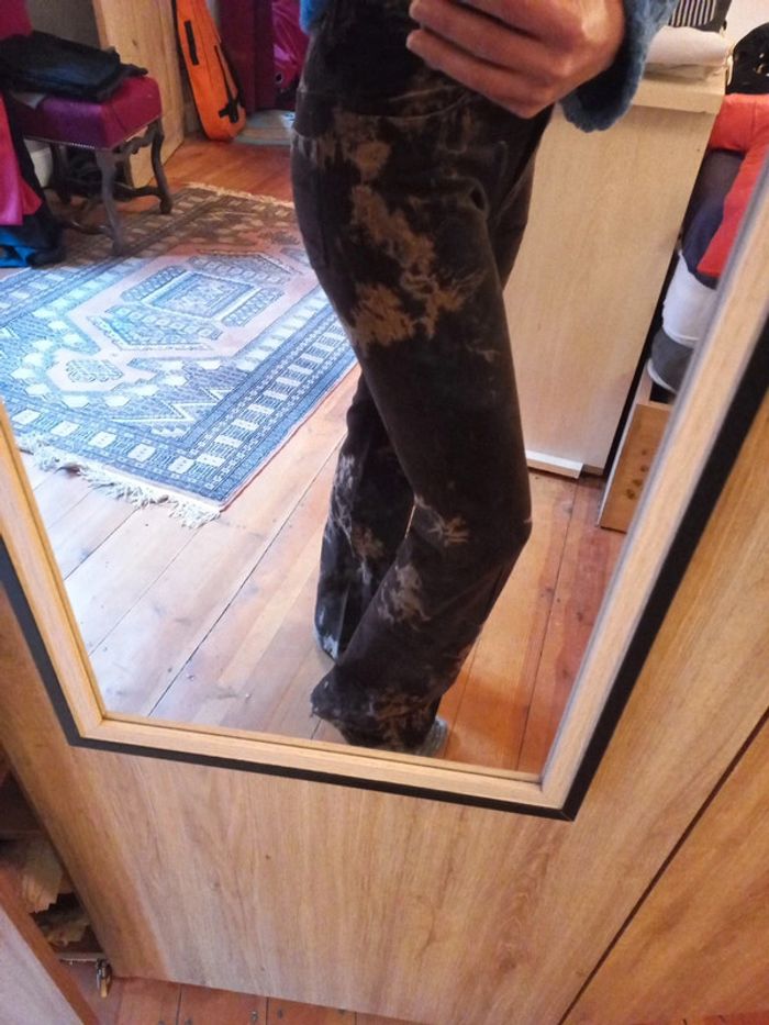 Superbe pantalon moulant type velours marron rare stylisé taches claires rétro - photo numéro 3
