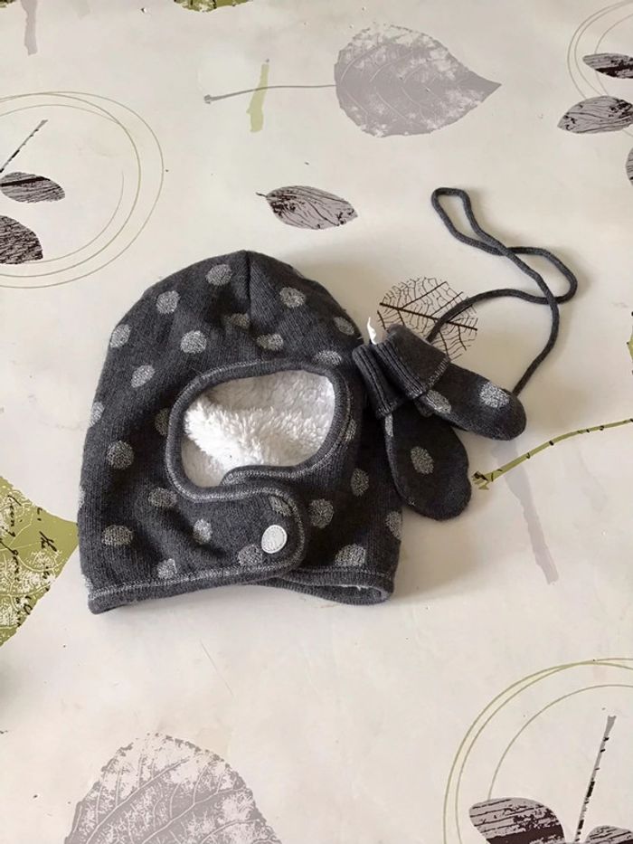 Ensemble bonnet et moufles molletonné taille 3 mois Obaibi gris argenté blanc