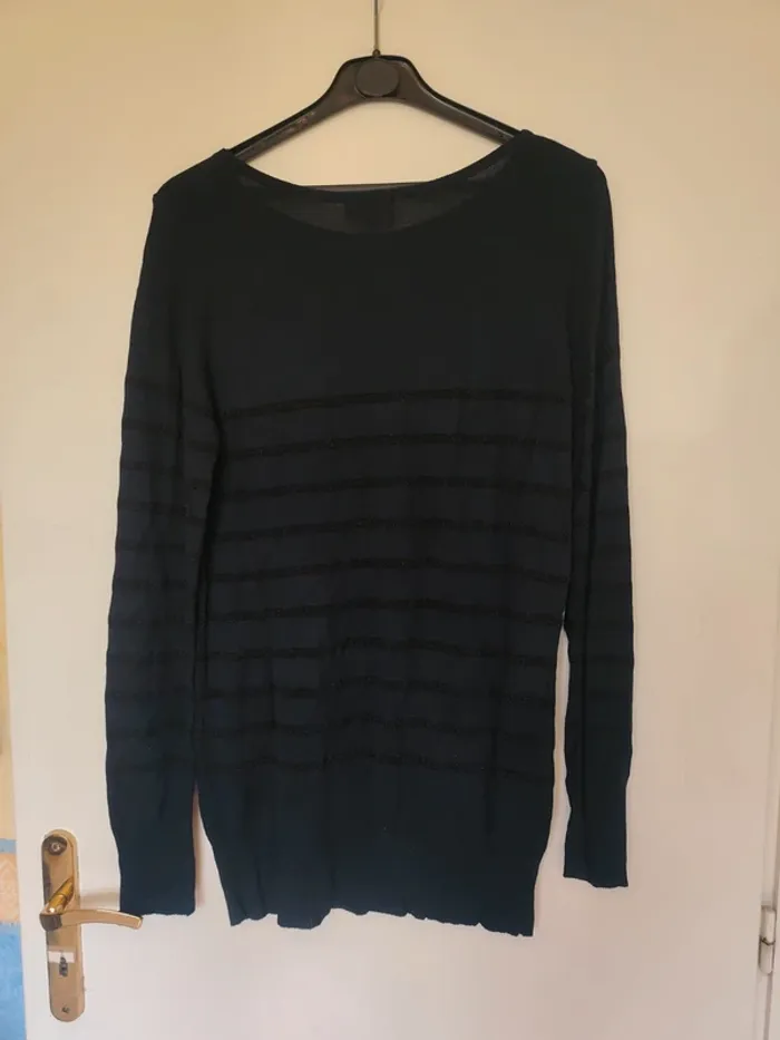 Pull in Extenso 46/48 bleu marine rayures noires brillantes - photo numéro 4