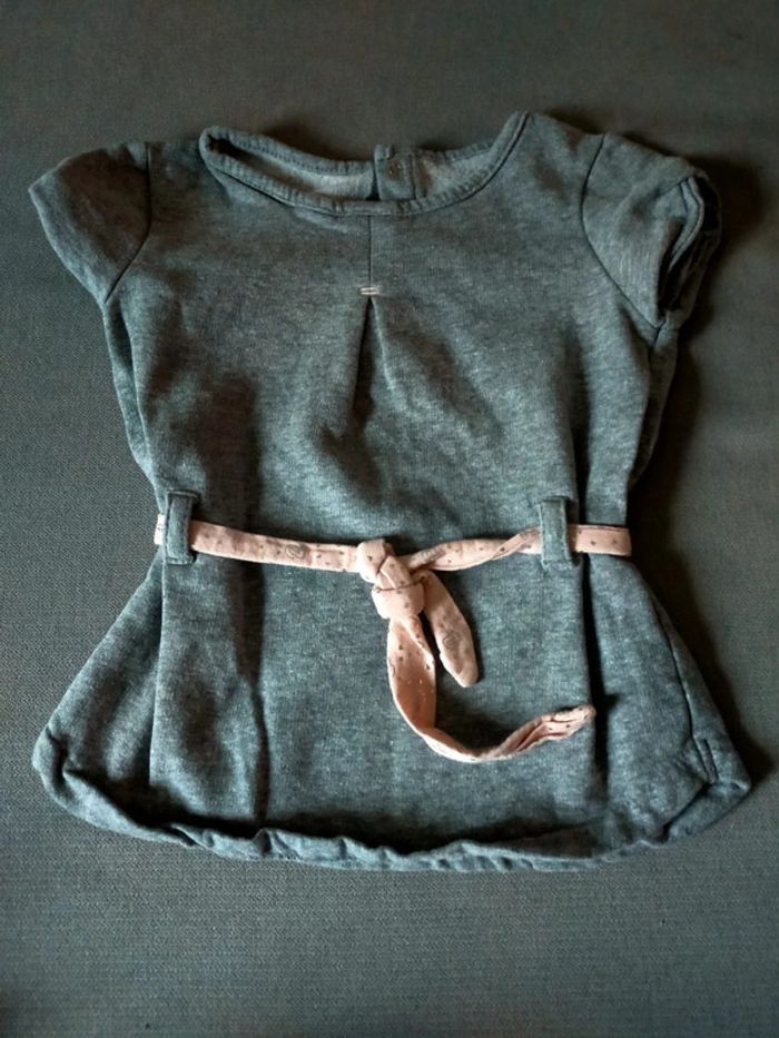 Robe fille 24 mois – Gris chiné avec ceinture rose - photo numéro 3
