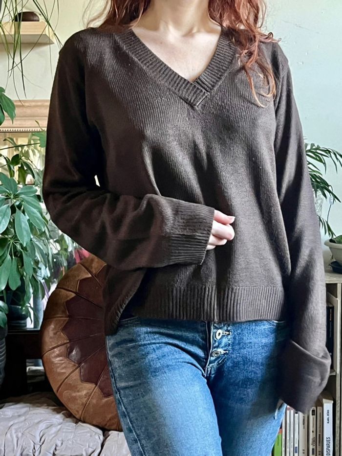 Pull ample manches longues col V - marron - photo numéro 2