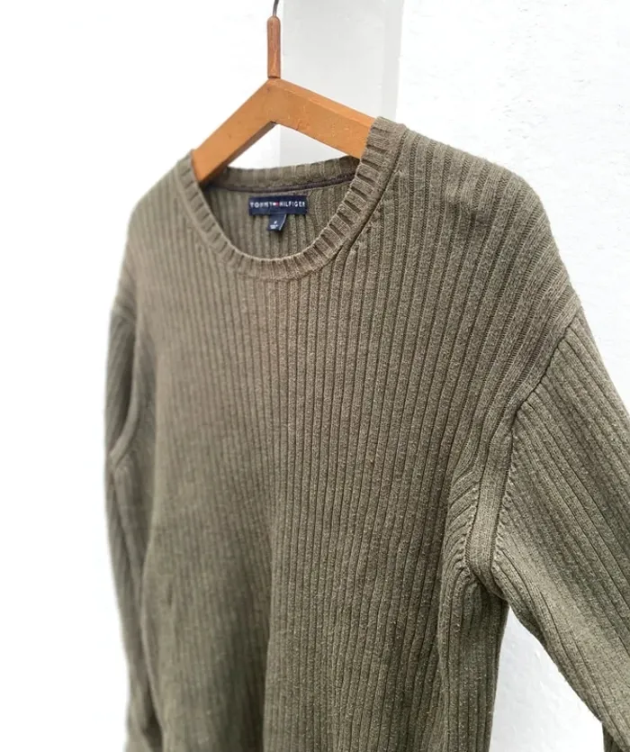 Tommy Hilfiger ribbed crewneck pullover khaki green Mens M - photo numéro 2