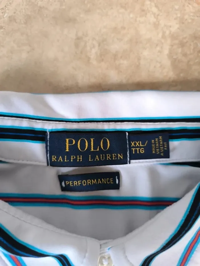 Polo Ralph Lauren homme Performance XXL blanc rayures logo marine comme neuf - photo numéro 4