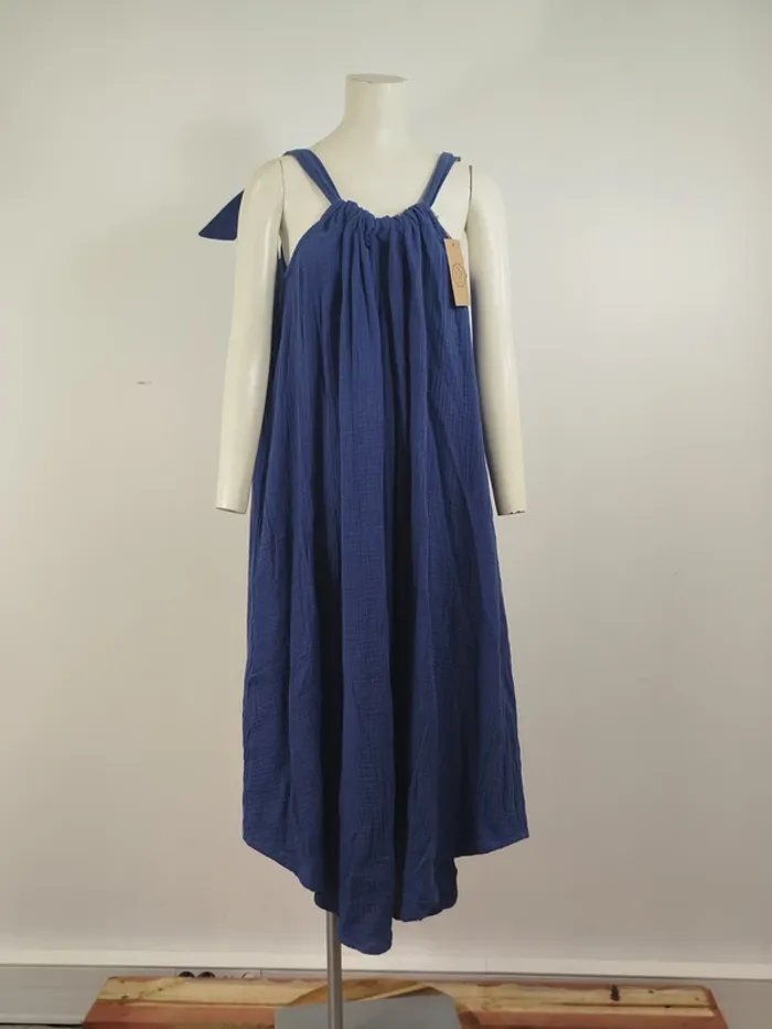 Robe longue Quintessence bleue gaze de coton made in France taille unique bretelles nouées A1615 - photo numéro 4