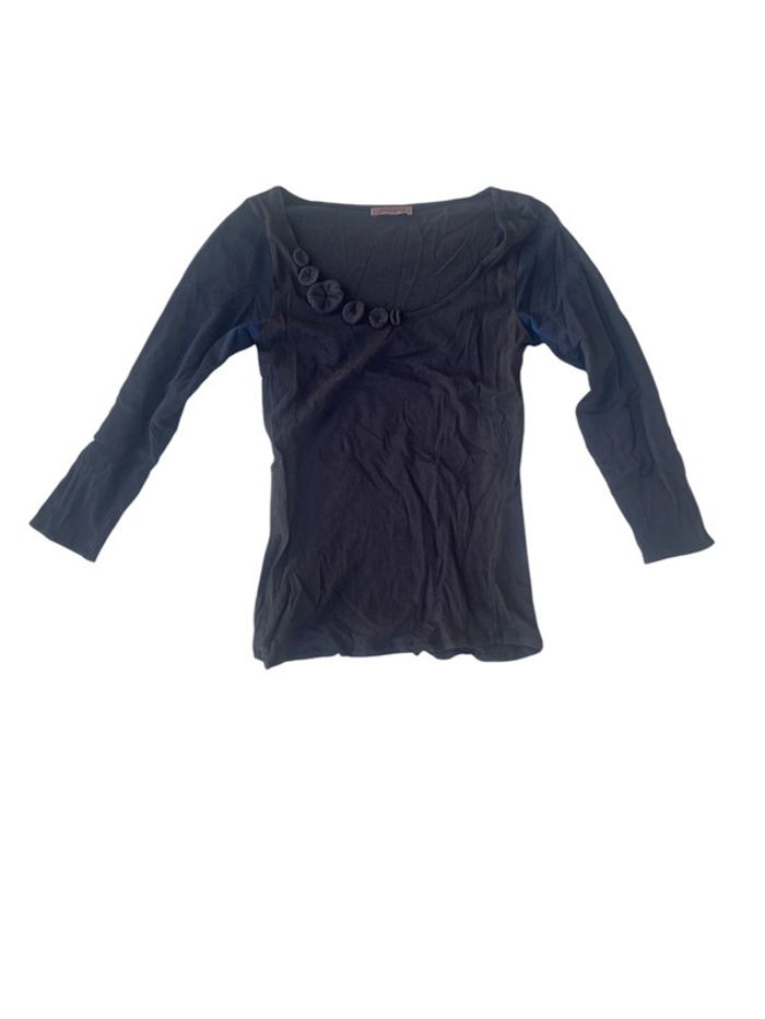T-shirt manches 3/4 noir avec fleurs ton sur ton Moloko taille 38