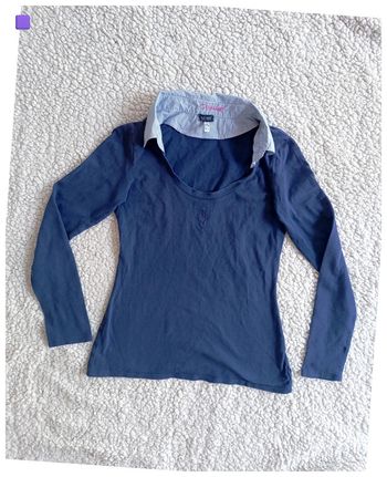 Haut manches longues bleu marine col chemise rayé vintage old school