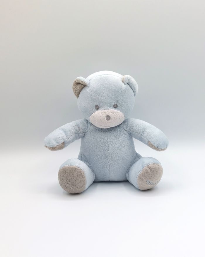 Doudou peluche ours bleu ciel gris Musti MUSTELA blanc 18 cm assis TBE