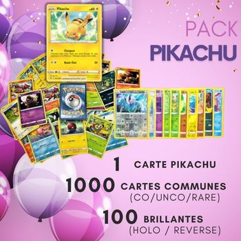 1000 Cartes Pokemon officielles
+ 100 Brillantes (Holos/Reverses)
+ 1 Pikachu