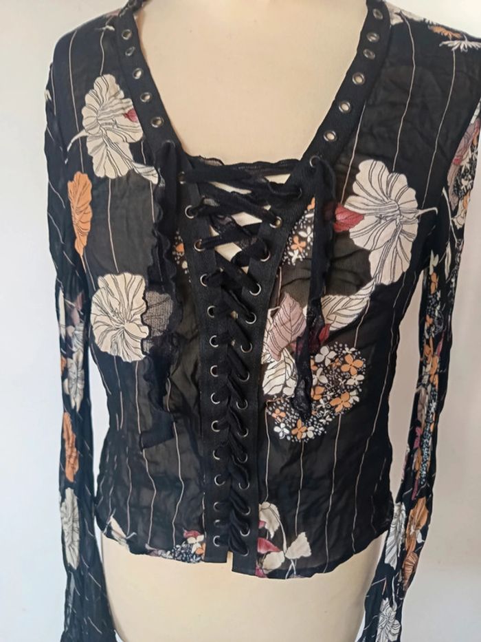 haut top y2k 90 2000 blouse voile transparente à rayure femme sexy à lacet fleurie mng - photo numéro 2
