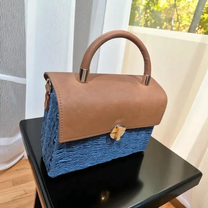 Sac à main tressé bicolore – Bleu & Camel neuf