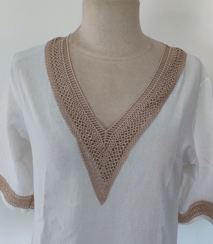 Robe à manches 3/4 et col en V avec bordure contrastée pour femme taille L couleur blanc beige - photo numéro 3