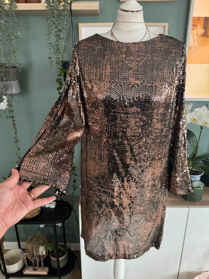 Magnifique robe chic de soirée sequins doré marron taille M manches longues