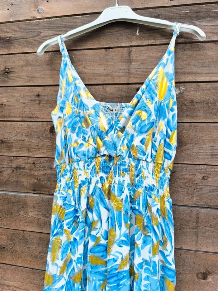 Robe longue imprimée bleue et feuilles dorées été taille 40/42 - photo numéro 8