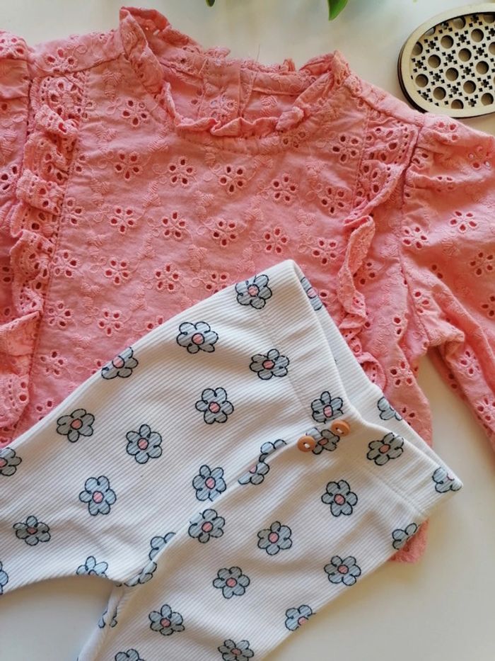 Ensemble blouse broderie + legging fleuri - 3 mois - photo numéro 3