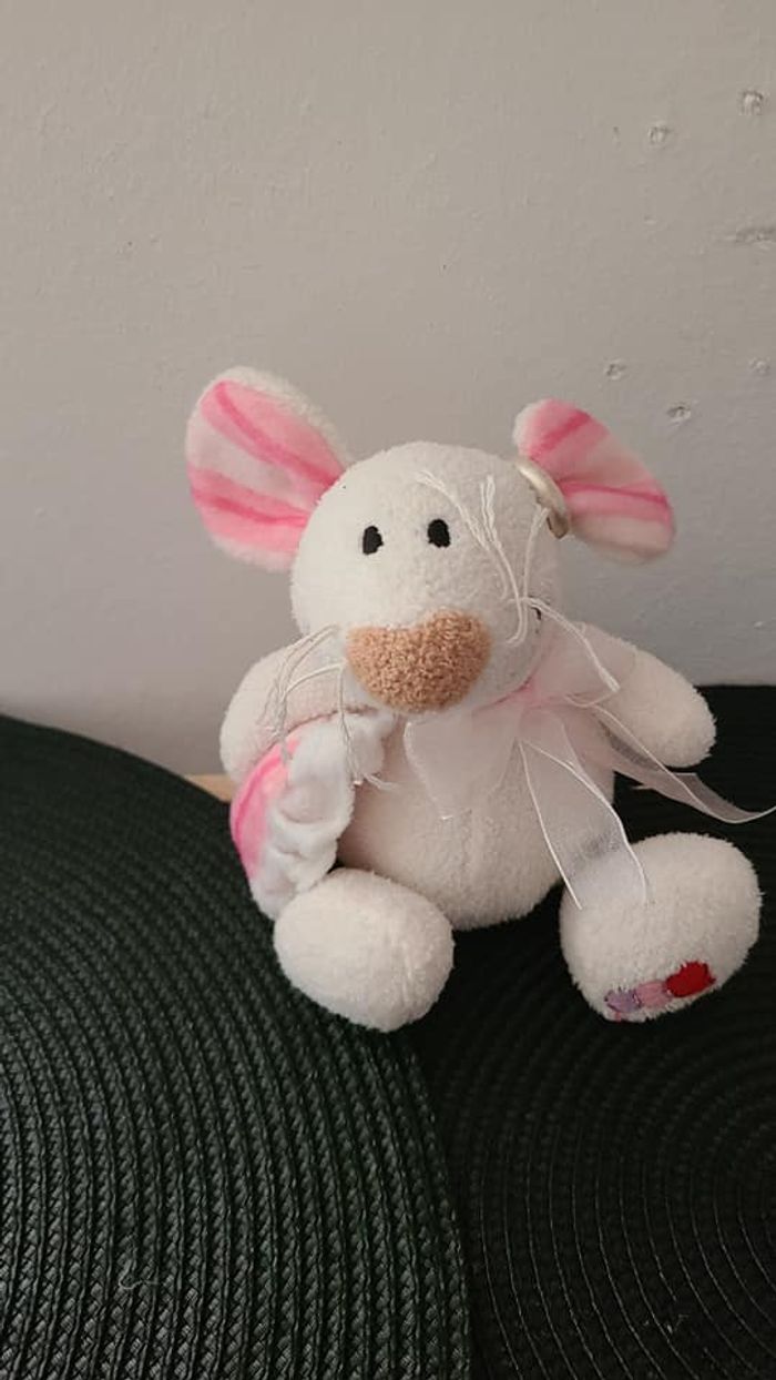 Doudou souris blanche cousin rose rayé 19 cm env. - photo numéro 2
