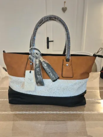 Très joli sac cabas pour l'automne, neuf, marron argenté noir paillettes