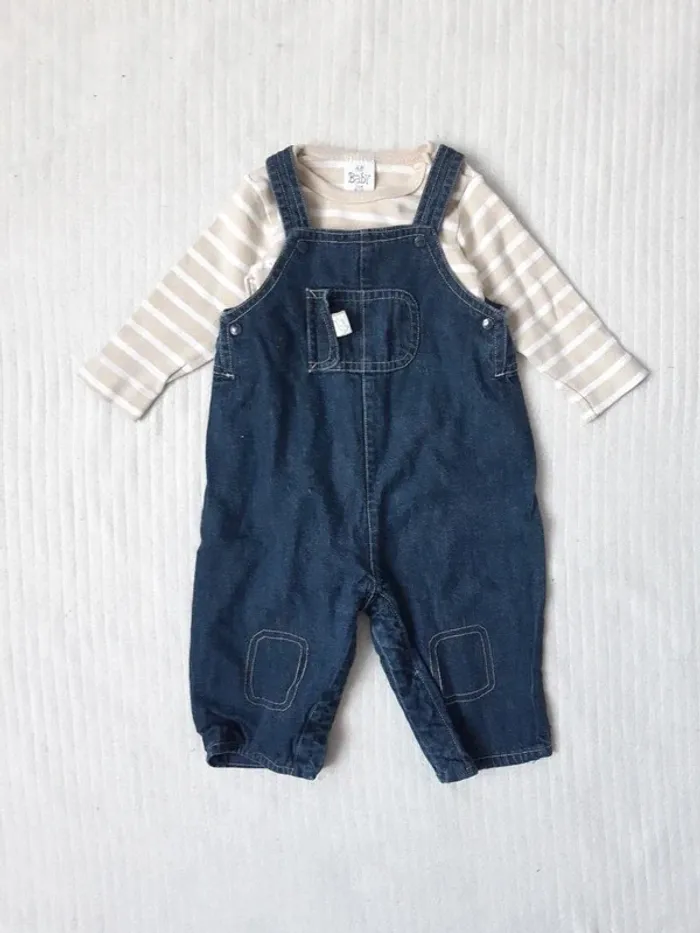 Tenue body manches longues et salopette en jean 6 mois