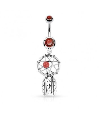 Piercing au nombril attrape rêve catcher imitation perle Double plumes rouge bijou ventre acier chir