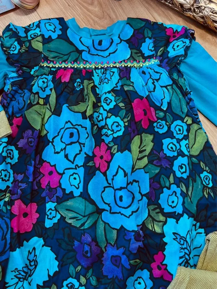 Taille 4 ans tenue 2 pièces fille Catimini bleu turquoise et vert * fleurs rayures * 🩷 - photo numéro 6