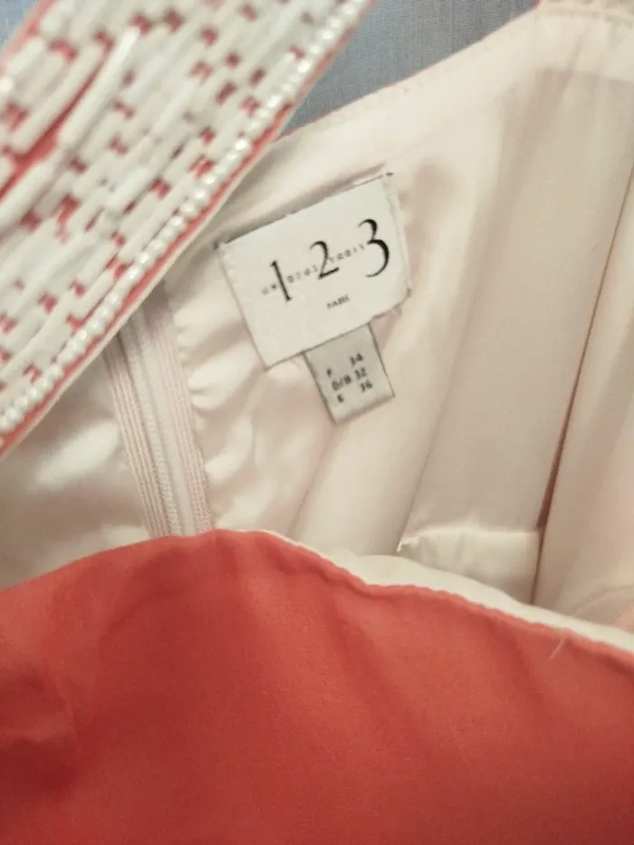 Robe corail en soie 1.2.3 Paris taille 38 détails brodés dos croisé chic été A1337 - photo numéro 8