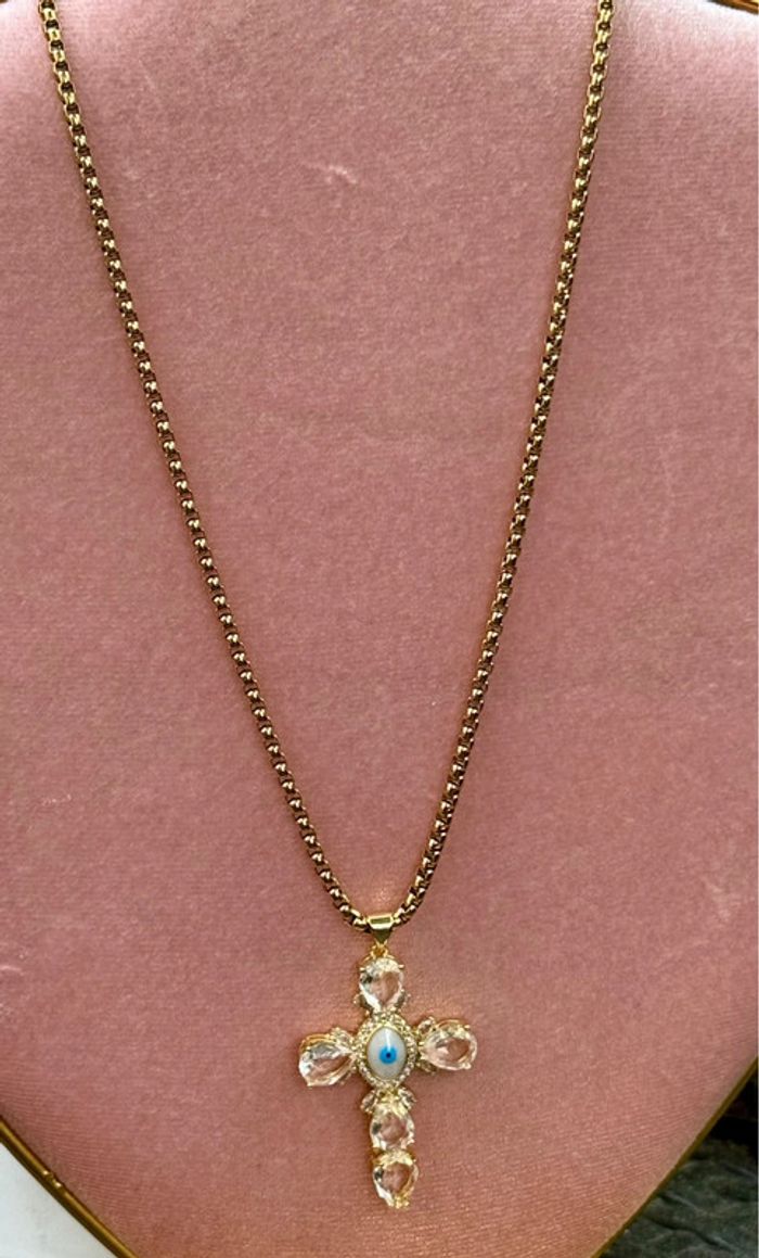 Collier habaha Paris chaîne épaisse réglable grosse croix œil bleu gros cristaux - photo numéro 5