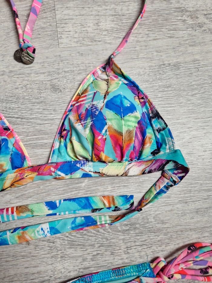 Maillot de bain bikini 2 pièces Banana Moon XS turquoise plumes - photo numéro 3