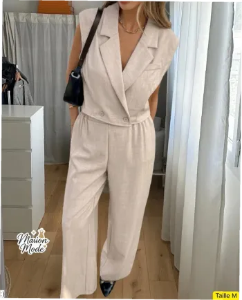 Ensemble M Beige Coordonné Blazer sans Manches - Pantalon Large Neuf Jamais Porté