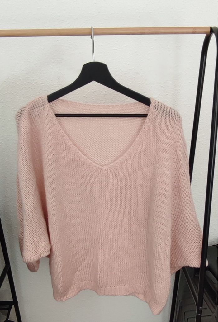 Pull femme col V en maille douce rose pâle - Taille M/L - photo numéro 5