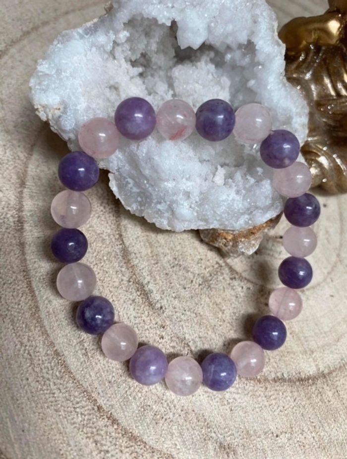 Bracelet lepidolite et quartz rose 18 cm , lithothérapie - photo numéro 3