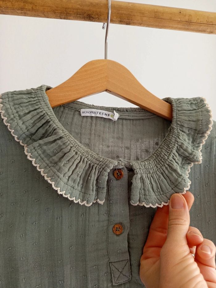 Blouse chemise en gaze de coton kaki & plumetis Monoprix Teens Bio 10 ans - photo numéro 2