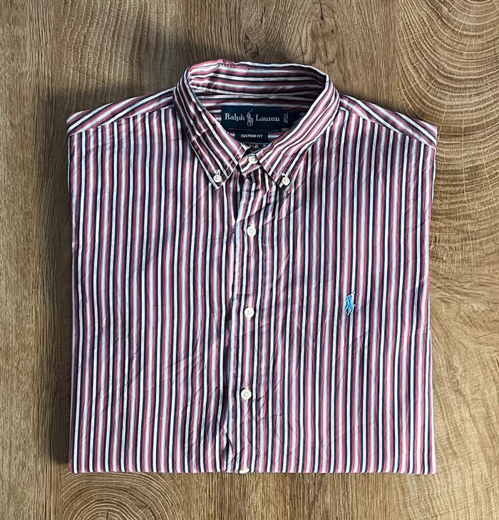 Chemise à manches longues rayée bleue, blanche et rouge Ralph Lauren pour homme, taille M