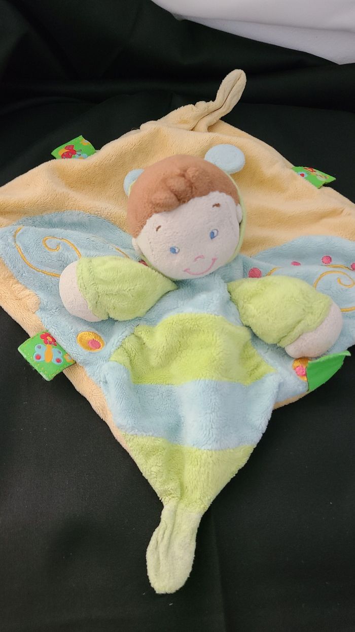 Doudou plat garçon papillon NICOTOY vert bleu orange