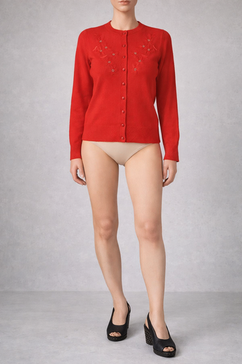 gilet rouge avec perles et broderies Taille M 60% angora Alain Manoukian