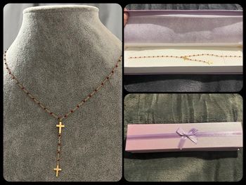 Collier femme croix acier inoxydable doré et rouge neuf dans sa boîte cadeau