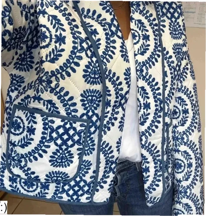 Veste Femme Matelassée Imprimé Floral Bleu Bohème - Taille S Neuf Jamais Porté