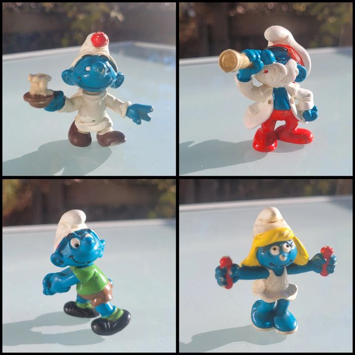 4 figurines anciennes Schtroumpfs : Schtroumpfette corde à sauter, dormeur, grand S, base ball