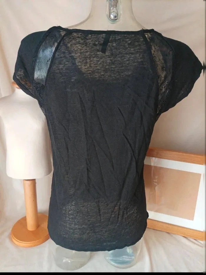 Tee-shirt Manches Courtes Naf Naf - Noir avec Détails Dentelle - Taille M - photo numéro 4