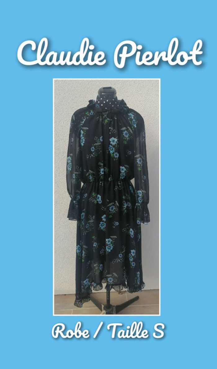 Robe mi-longue froufrou noir fleurs bleu vert Taille S Claudie Pierlot
