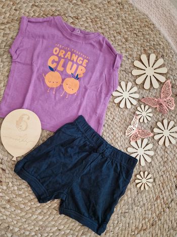 Ensemble t-shirt mauve  et short bleu kiabi bébé fille 6mois