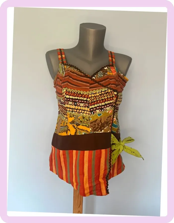 🌟 Débardeur Paul Brial – Taille 2 – Neuf avec étiquette – Motif marron, orange & vert 🌟