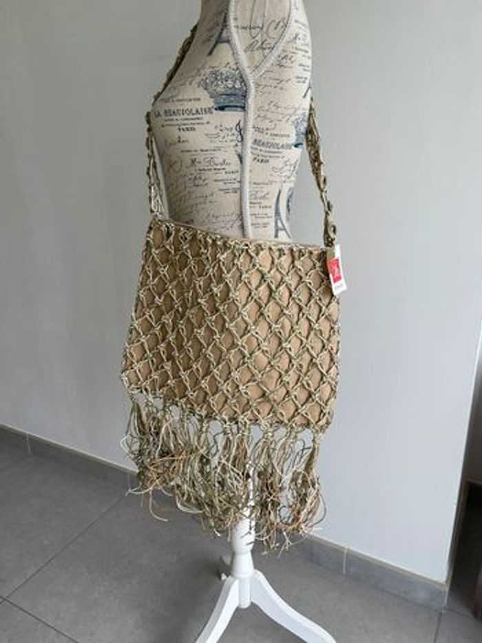 Grand sac raphia (31x38cm) beige et vert - photo numéro 2