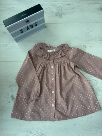 Blouse ML en plumetis vieux rose avec froufrous - Taille 3 Ans