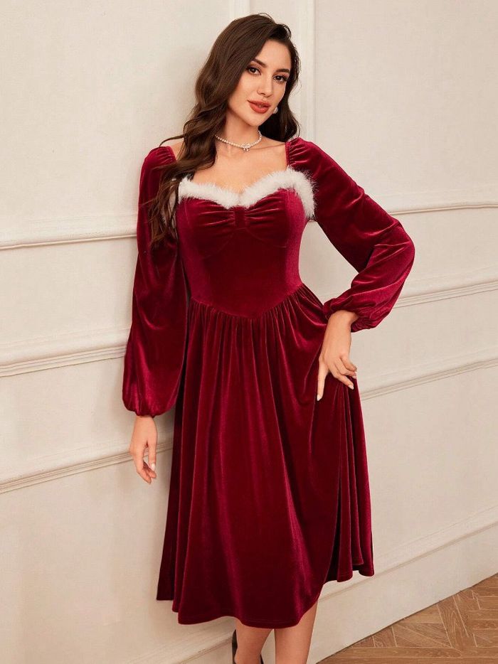 Robe en velours rouge à manches longues pour femmes, robe en velours rouge, col carré, taille mince élégante, vêtements pour femmes d’automne - photo numéro 6
