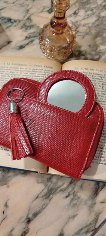 Ensemble portefeuille miroir porte-clé rouge bordeaux similicuir