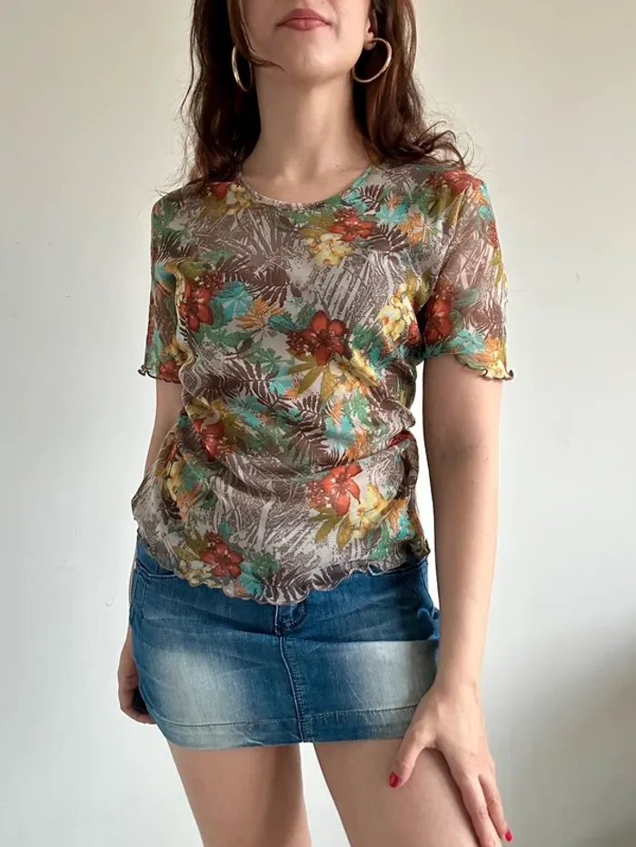 Top t shirt y2k années 2000 en mesh à motifs taille 42/44 - photo numéro 6