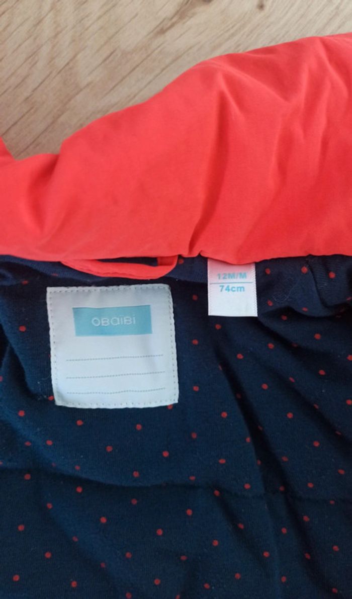 Joli Manteau / Veste / Blouson Doublé Obaïbi rouge / intérieur bleu marine 12 mois - 74cm - photo numéro 6