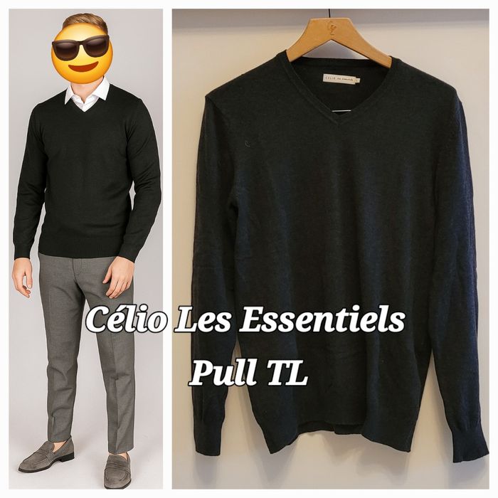 Célio Les Essentiels Pull TailleL - Gris- Col V & ML avec Coudière- Elt Essentiel Vestiaire Homme